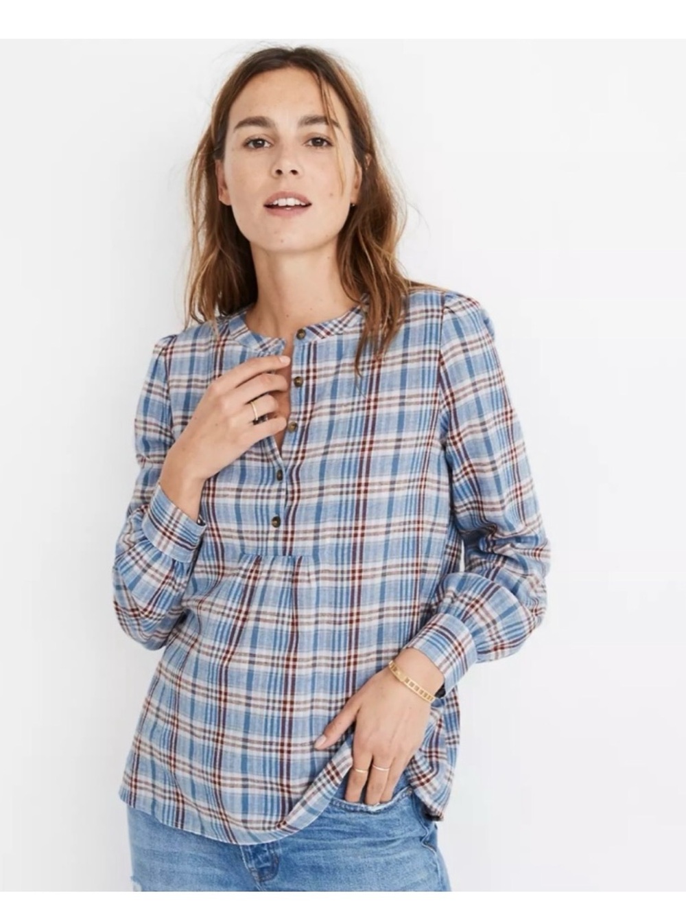 Madewell Tyleysfield Plaid Popover Top XS Blue Red Fall Festival Western